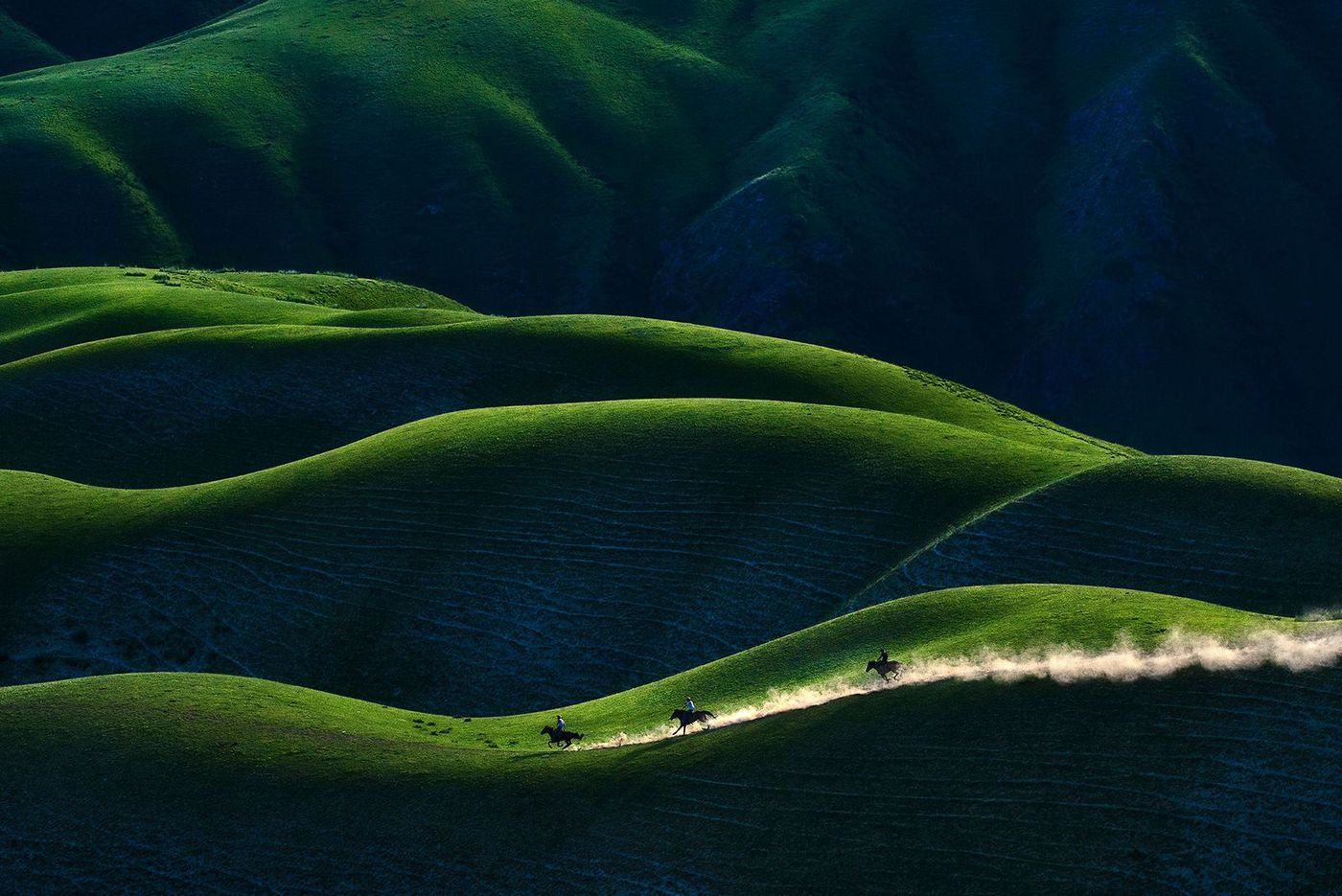 Cavaliers dans les prairies du Xinjiang, Chine