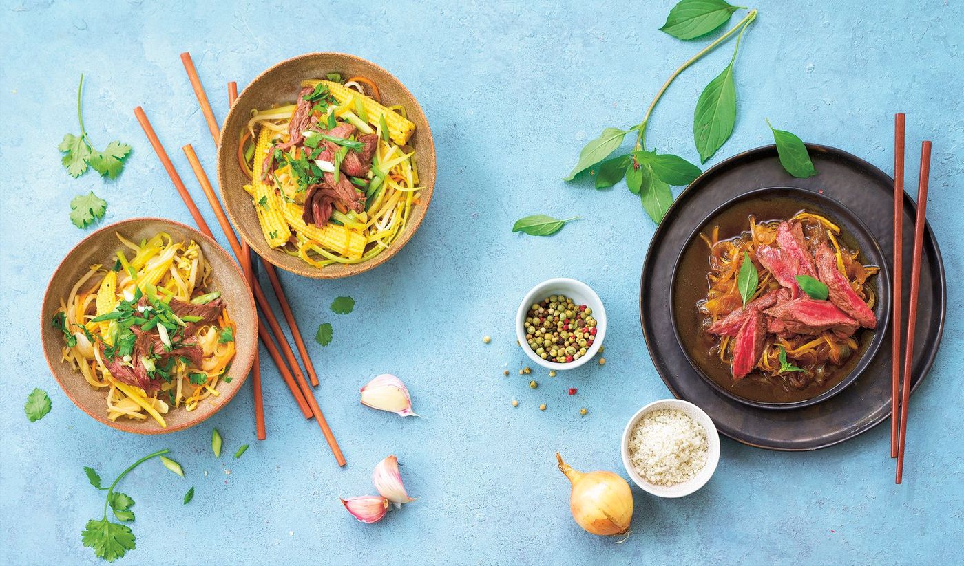 Bœuf aux oignons confits et bœuf sauté aux légumes