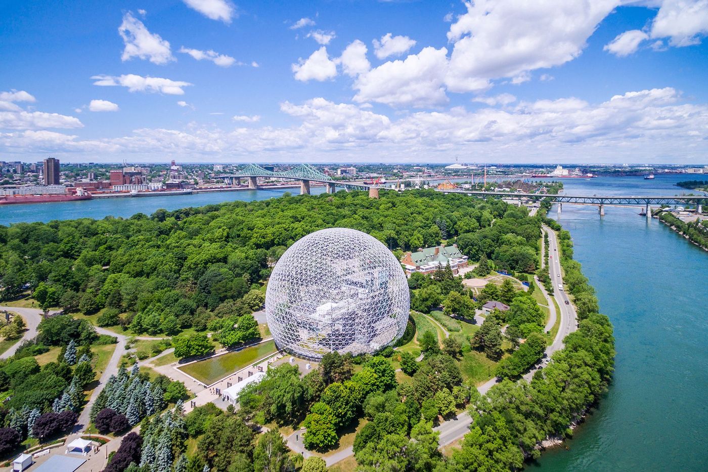 Aerial view of Montreal cityscape including Biosphere and St Lawrence river in Montreal