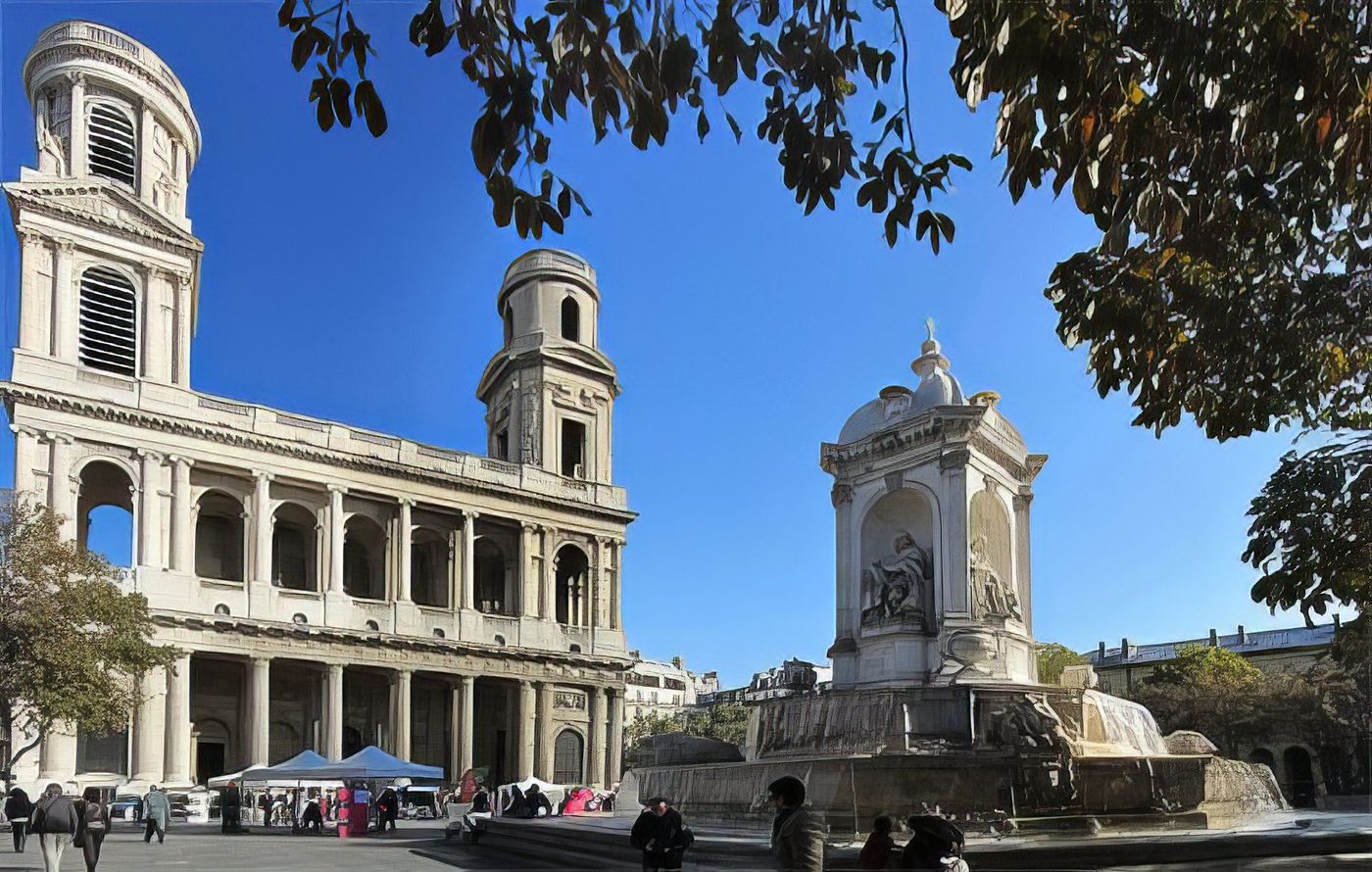 Place st Sulpice à Paris : l'église et la fontaine