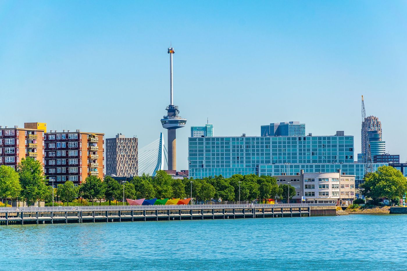 Riverside of New Maas with Euromast tower at background, Rotterdam, Netherlands